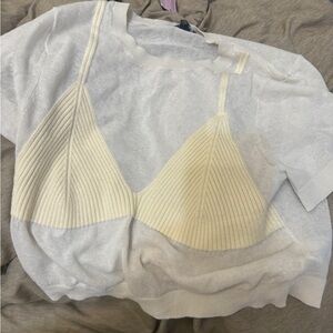 Target Ivory Ribbed Bralette Overlay Short Sleeve Top